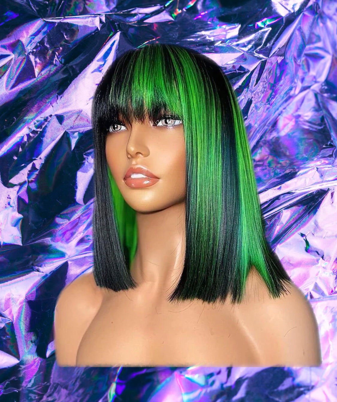 Rianna - Black with Green Highlights Bob Human Hair Wig