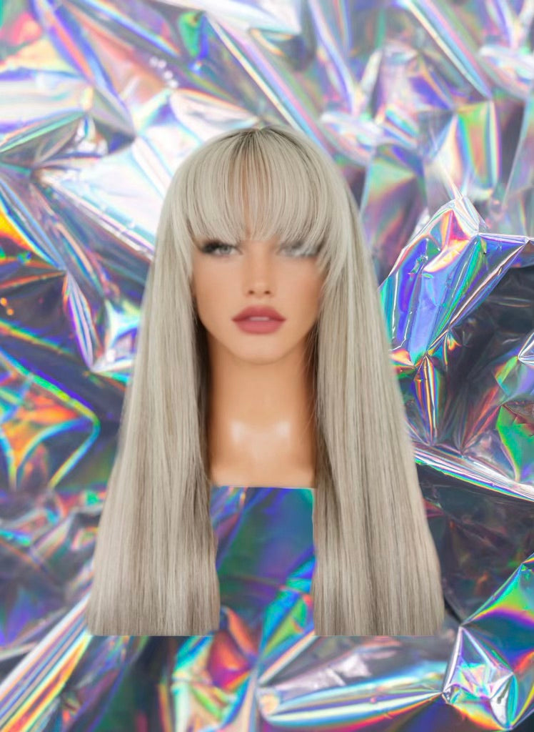 Lidiann - Ash Gray Blonde Fringe Bang Highlights Straight 100% Human Hair Lace Front Wig