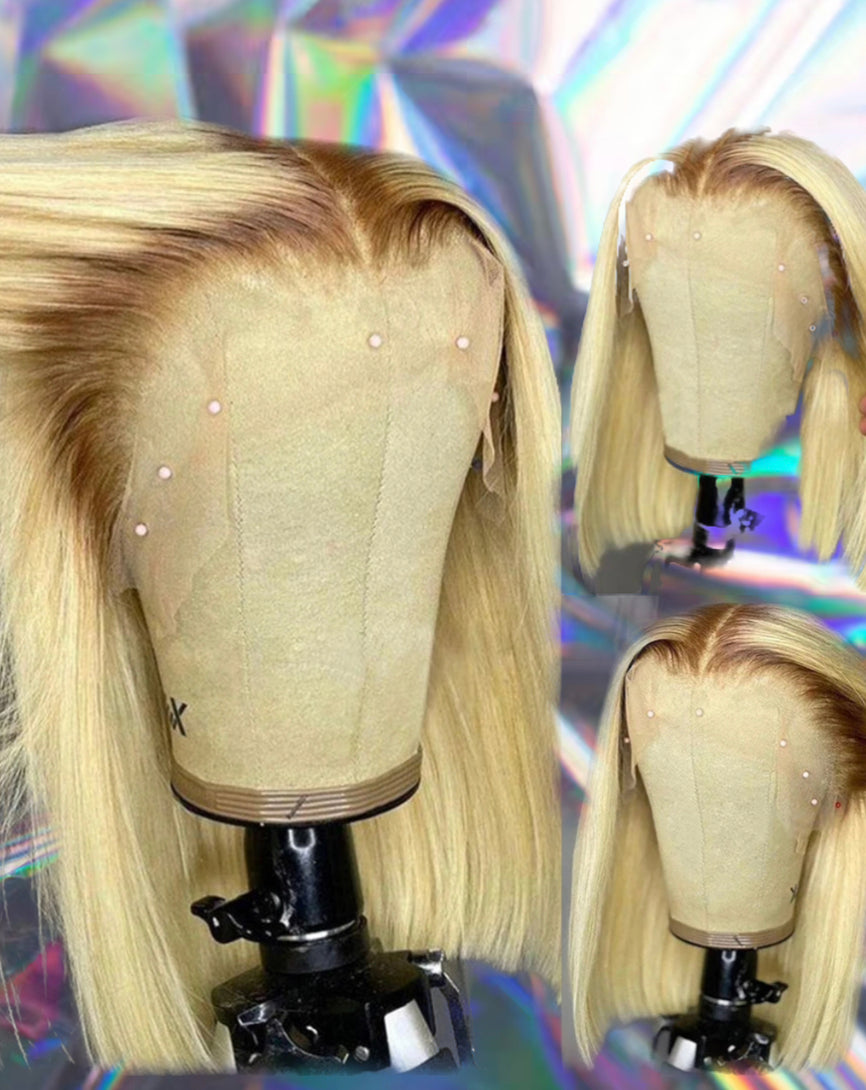Yulia - Rooted Blonde Dark Brown Bob 100% Human Hair Lace Front Wig
