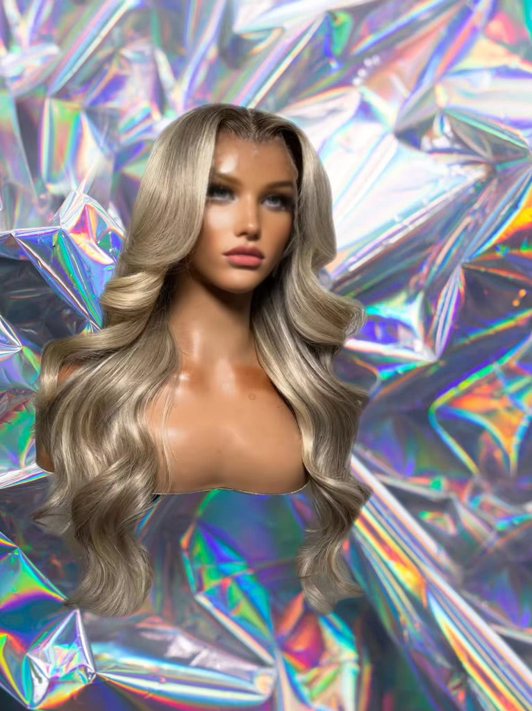 Alessandra - Soft Milky Ash Blonde Highlights Waves Premium Remy 100% Human Hair HD Lace Front Wig