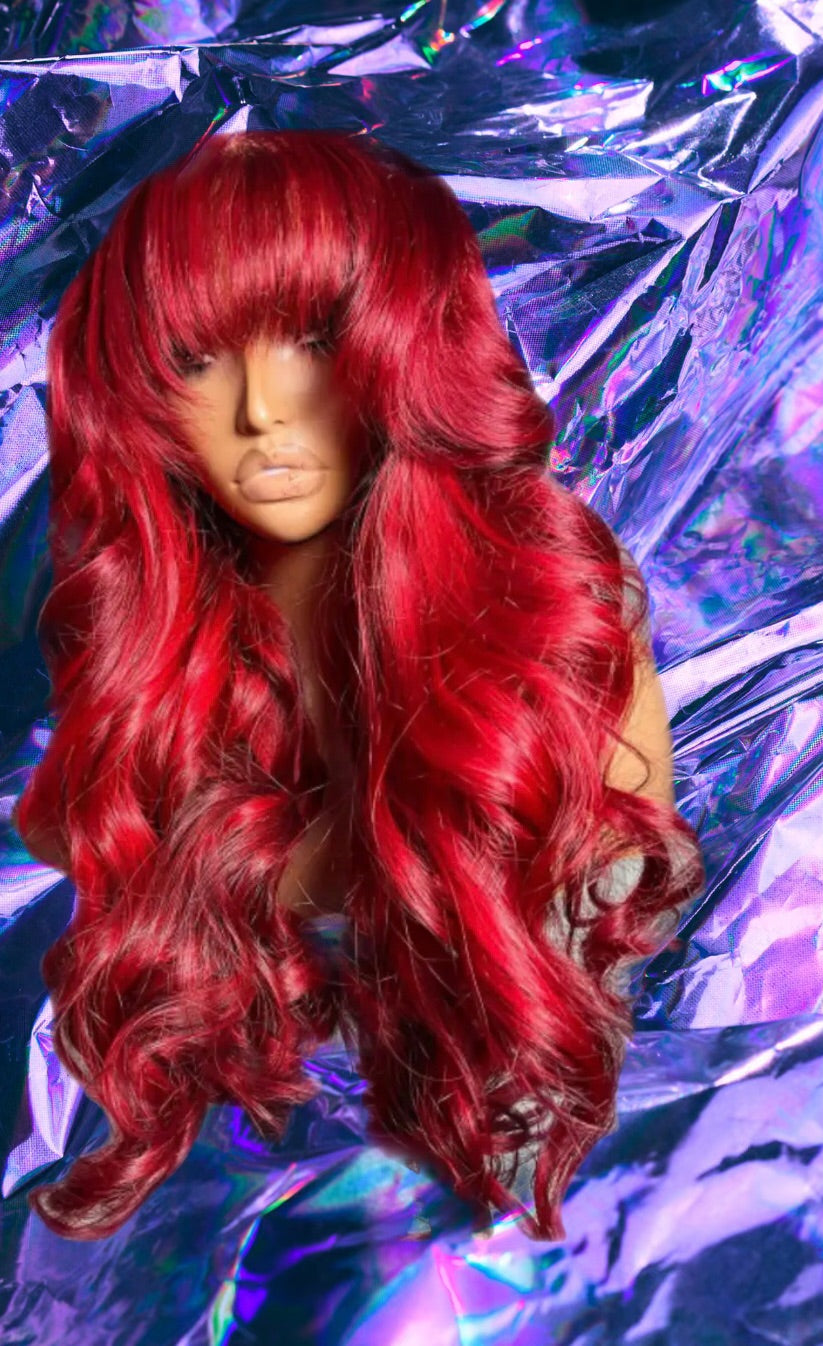 Sian - Red Fringe Bang Wavy 100% Human Hair Lace Front Wig