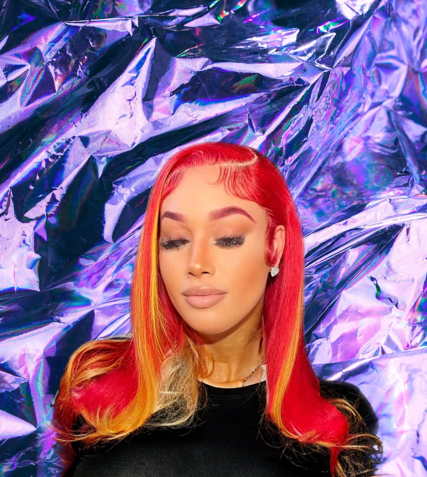 Elara - Red and Yellow Highlight Straight Premium Remy 100% Human Hair Lace Front Wig