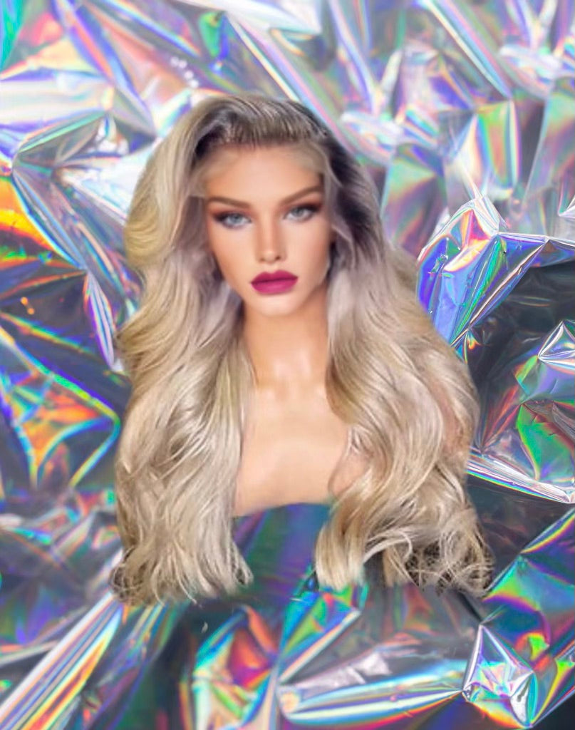 Sid - Beach Blonde Dark Brown Roots Fine Wave 100% Human Hair Lace Front Wig