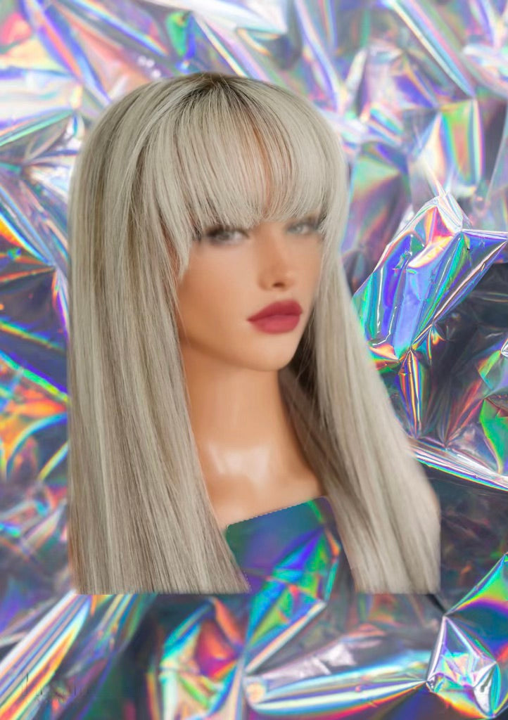 Lidiann - Ash Gray Blonde Fringe Bang Highlights Straight 100% Human Hair Lace Front Wig