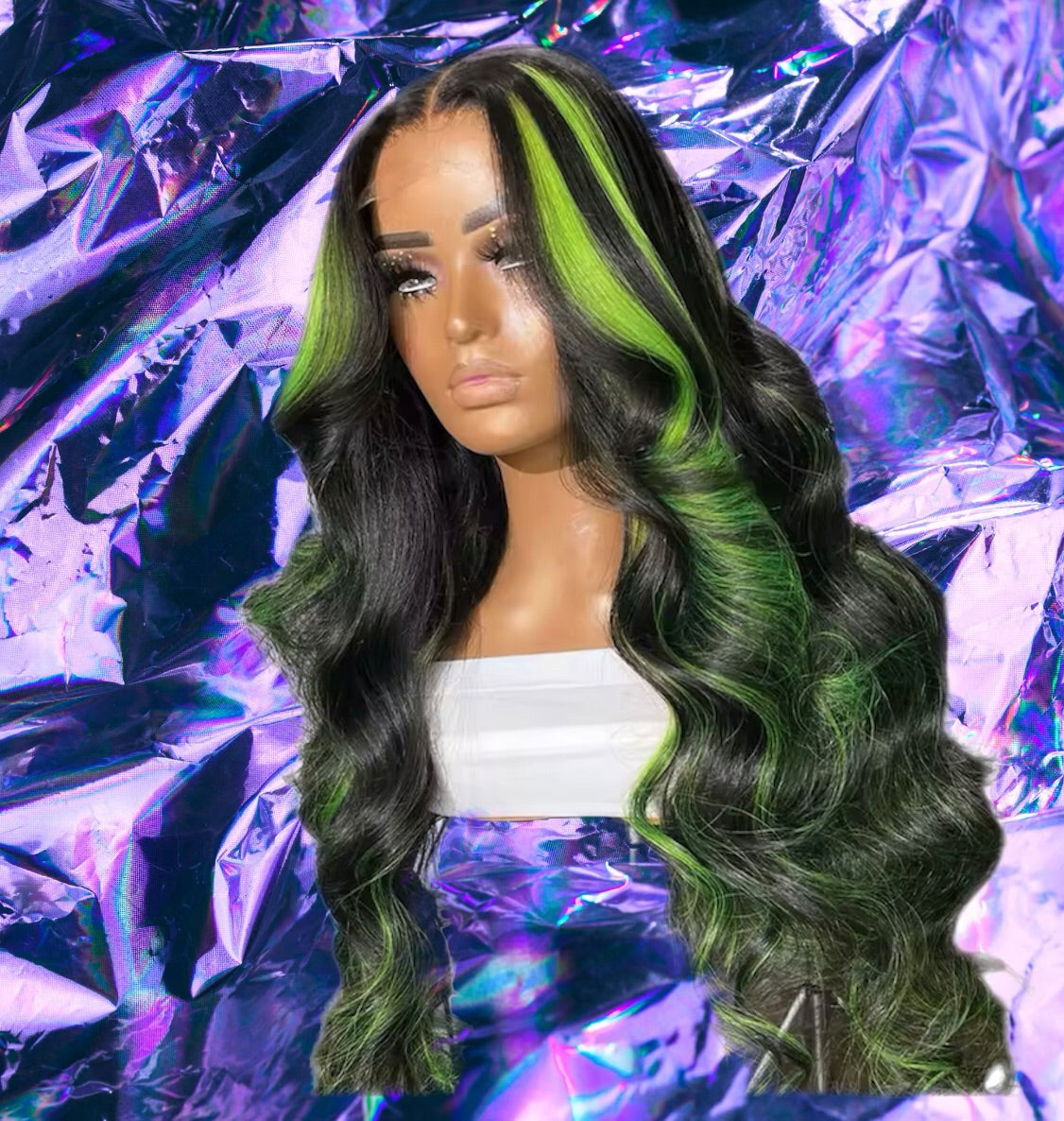 Mika - Black & Green Highlight 100% Human Hair Lace Front Wig