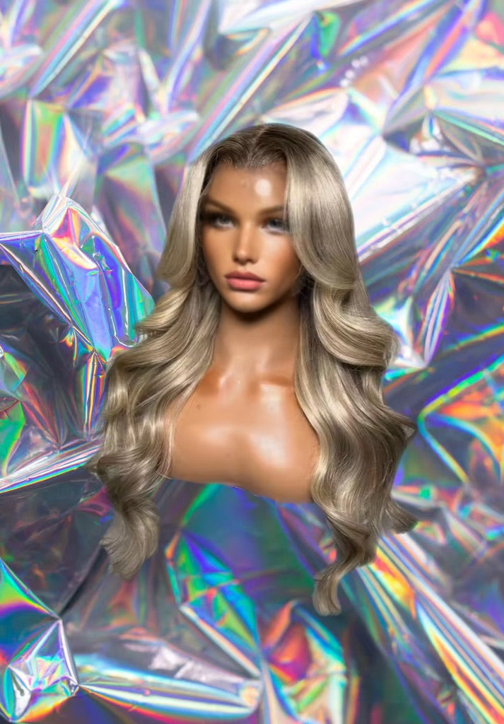 Alessandra - Soft Milky Ash Blonde Highlights Waves Premium Remy 100% Human Hair HD Lace Front Wig