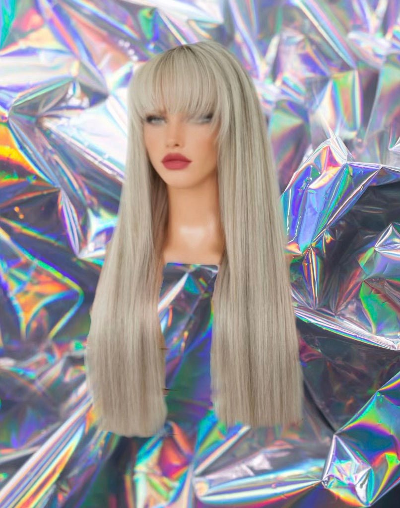 Lidiann - Ash Gray Blonde Fringe Bang Highlights Straight 100% Human Hair Lace Front Wig