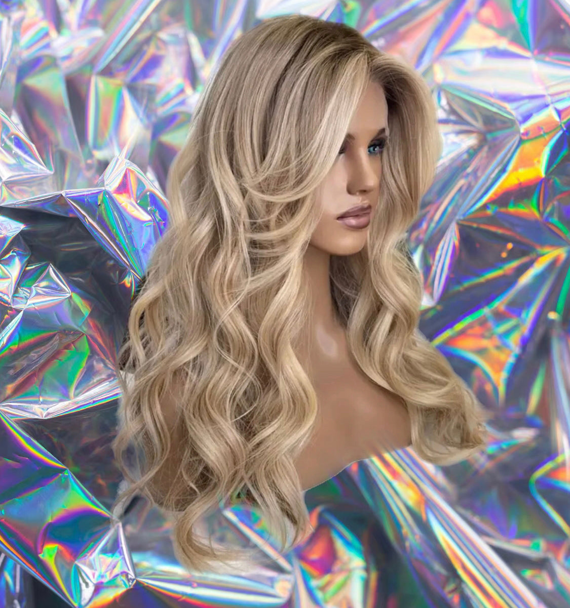 Isabella - Ash Blonde Brown Roots Wavy 100% Human Hair Lace Front Wig