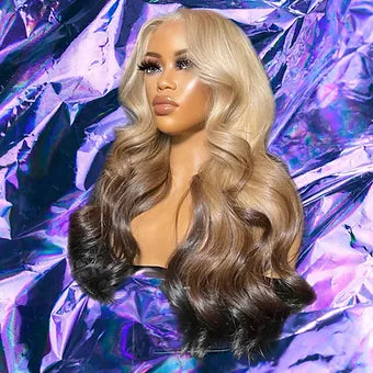 Fiorella - Blonde Ombre Three Tone Wavy 100% Human Hair Lace Front Wig