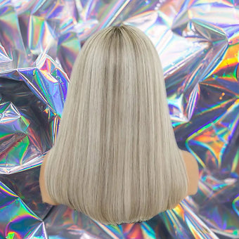 Lidia - Ash Gray Blonde Highlights Straight 100% Human Hair Lace Front Wig