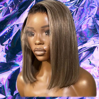 Melody - Rooted Ash Blonde Brown Bob 100% Human Hair Lace Front Wig