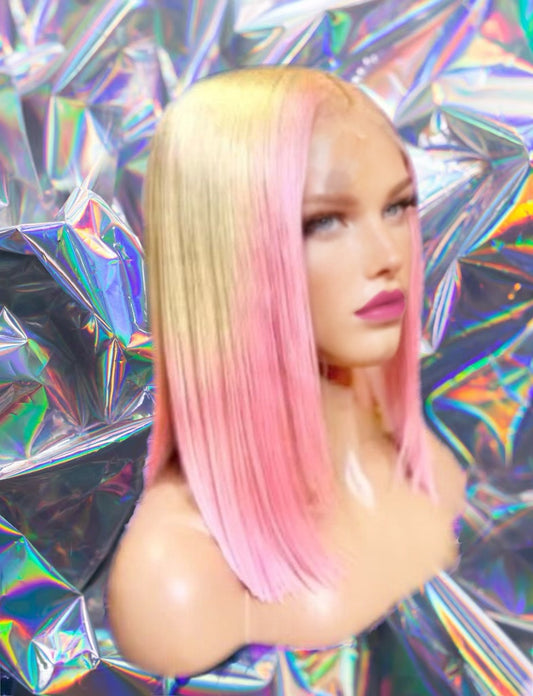 Stacy - Blonde Pink Ombré Highlights Straight 100% Human Hair Lace Front Wig