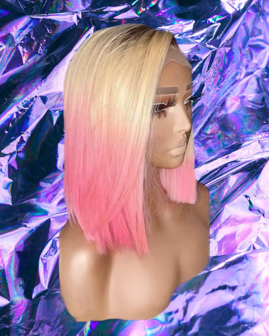Stacie - Rooted Blonde Pink Ombré Straight 100% Human Hair Lace Front Wig