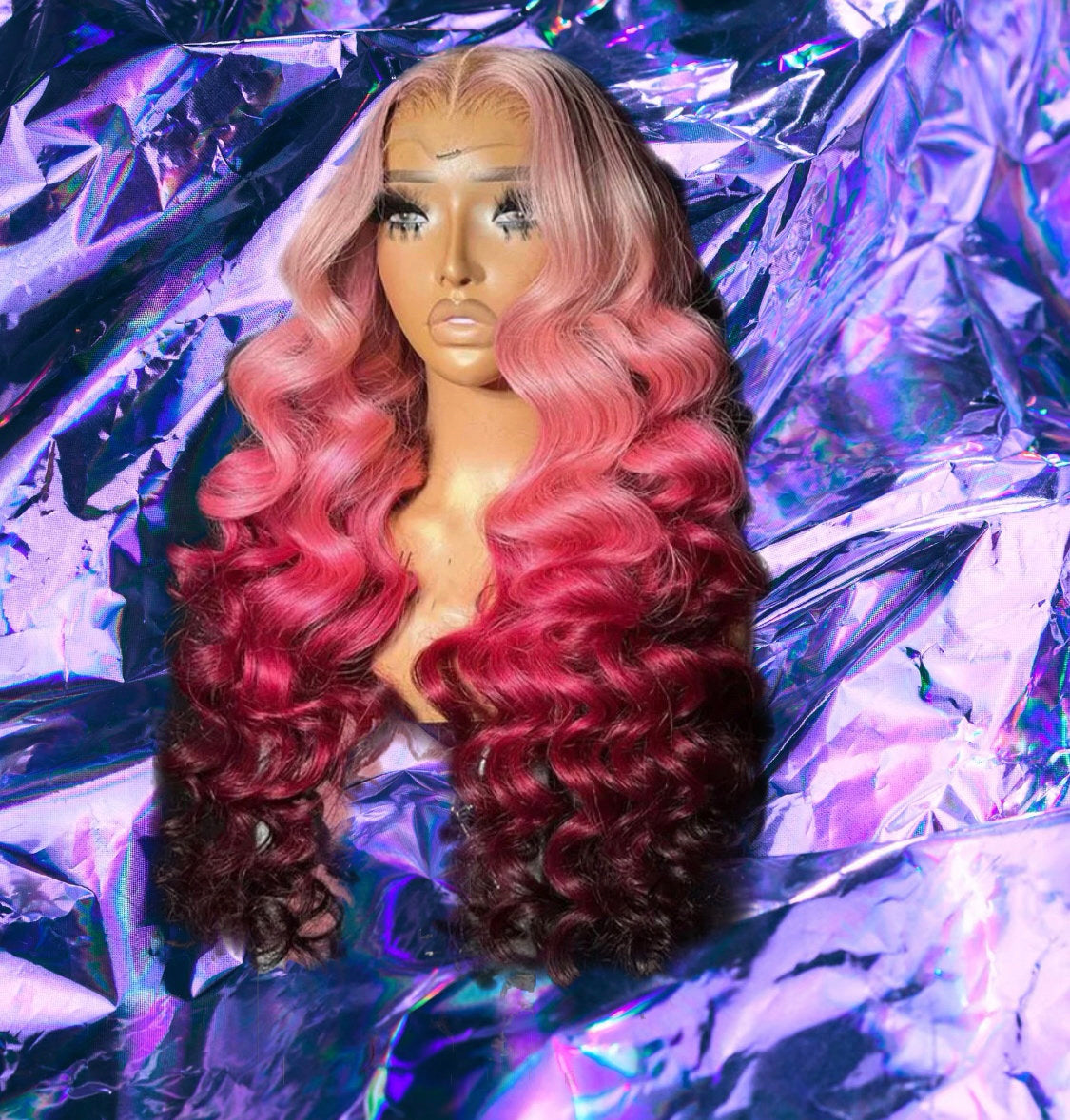 Malika - Pink Four Tone Ombre Loose Curls Human Hair Lace Front Wig
