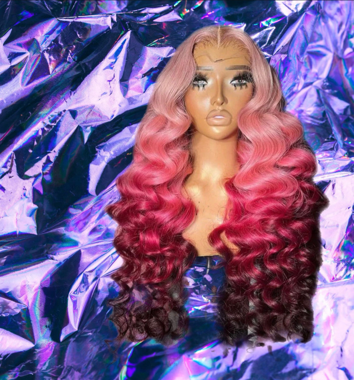 Malika - Pink Four Tone Ombre Loose Curls Human Hair Lace Front Wig