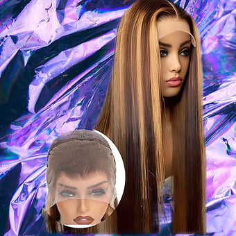 Amara - Dark & Light Brown Highlights Straight Human Hair  Lace Front Wig
