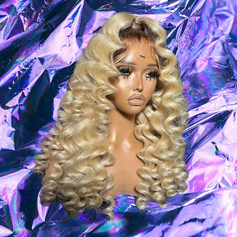 Zafia - Rooted Blonde Loose Curls 100% Human Hair Lace Front Wig